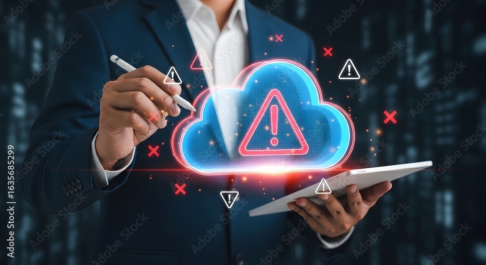 Poster cloud security alert concept with digital visualization and technology professional