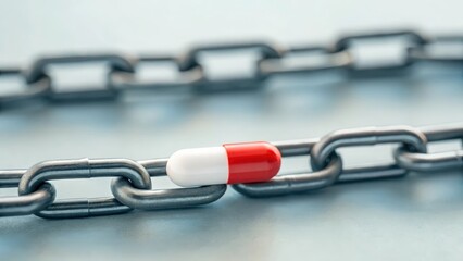 Fototapeta premium Chain links connected to pill capsules — bondage to medication habit 