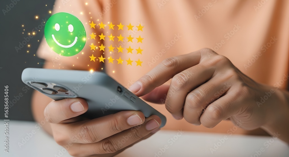 Poster customer feedback app review concept showing satisfaction with five star ratings usage