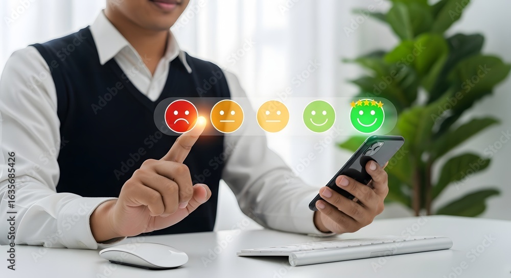 Poster customer feedback measuring satisfaction using emoji icons on smartphone device screen