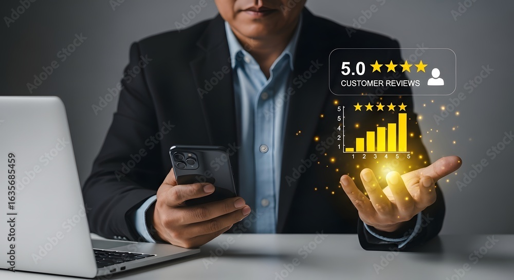 Poster customer reviews and feedback concept with digital interface showing five star rating
