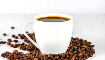 White coffee cup filled with dark liquid, surrounded by coffee beans on a white surface