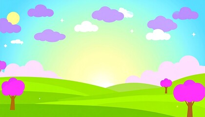 Obraz premium Colorful landscape with hills, trees, and clouds.