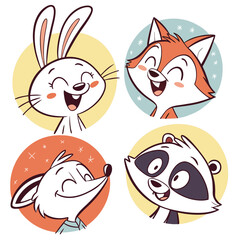 Fototapeta premium Cartoon illustration of a rabbit fox mouse and raccoon with happy expressions in colorful circle frames