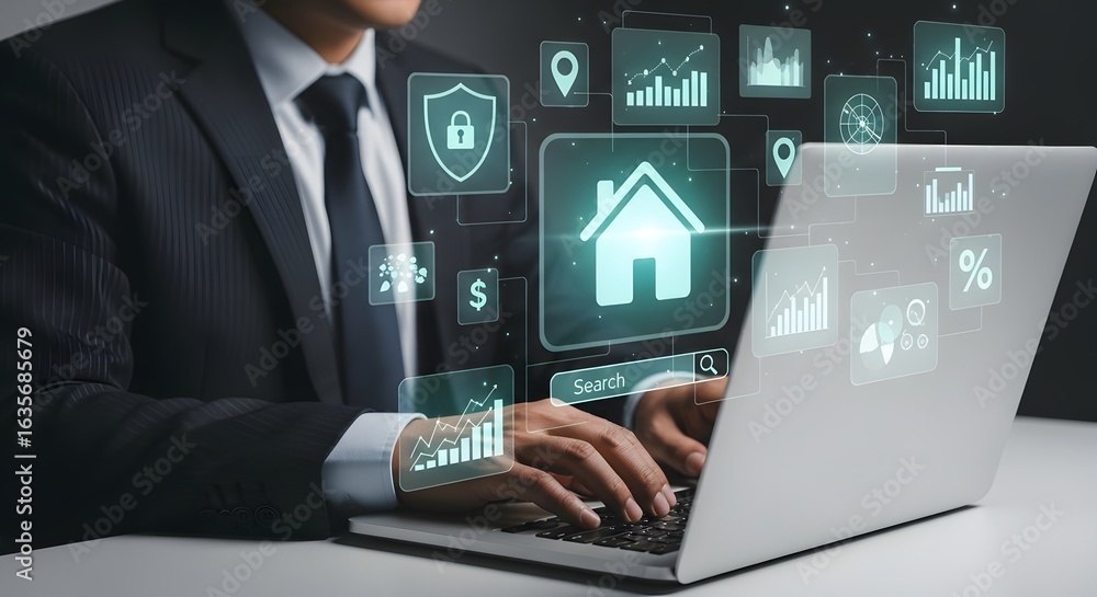 Poster digital business concept with virtual reality technology and online data analytics tools