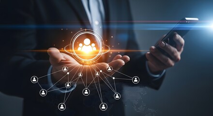 Digital network communication concept with glowing user interface and smartphone device