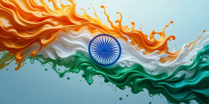 abstract digital representation of a vibrant fluid indian flag with dynamic paint splashes