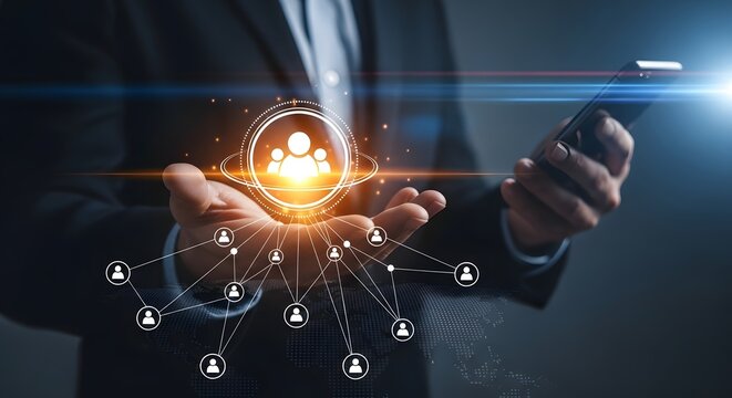 Digital network communication concept with glowing user interface and smartphone device