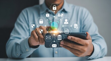 Digital security concept with fingerprint access on smartphone for secure authentication use