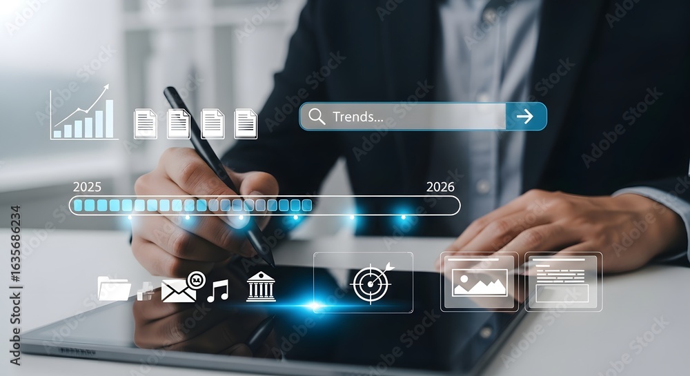 Poster digital trends technology analysis with futuristic business interface and data insights