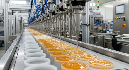 Obraz premium Automated industrial process of filling containers with liquid product