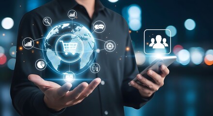 E-commerce technology concept with businessman holding smartphone and virtual digital icons