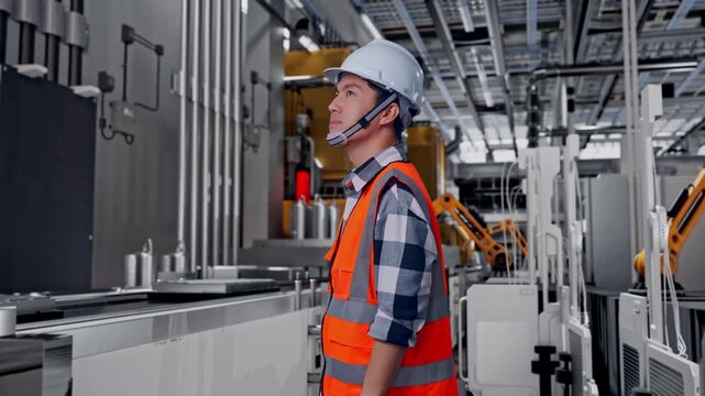 Side View Of Asian Male Engineer With Safety Helmet Looking Around While Standing, Automated Battery Production Line in a Modern Factory