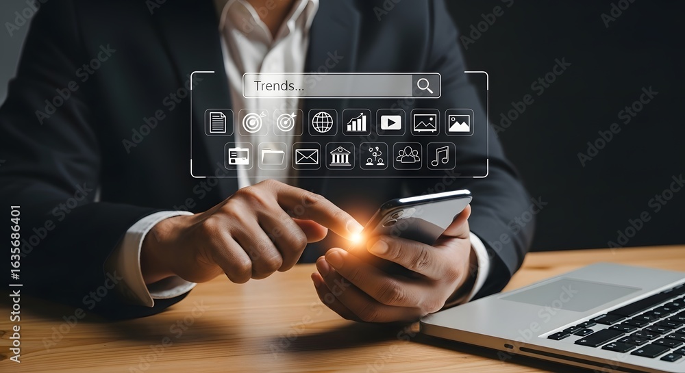 Poster exploring digital trends in technology: navigating mobile search and online innovation era