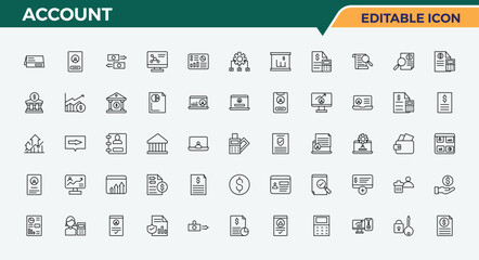 Account line icon set. Banking icon set. Thin UI icons. Included money, tax, accounting, accounting, balance and more. Editable stroke. Pixel Perfect.