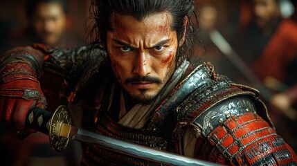 Samurai with a sword in his hand and a group of people behind him