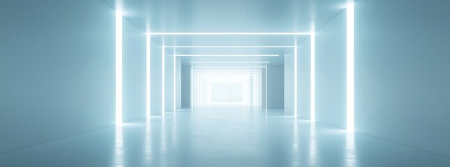 Illuminated Blue Tunnel With Geometric Design and Bright Neon Lines Creates Abstract Perspective