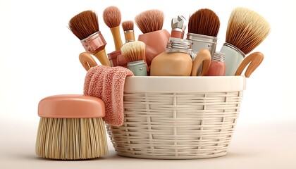 Pastel Pink and Beige Cosmetic Brushes and Bottles in Wicker Basket