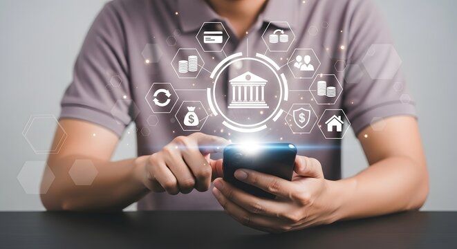 Mobile banking technology concepts in the digital age with online transaction symbols