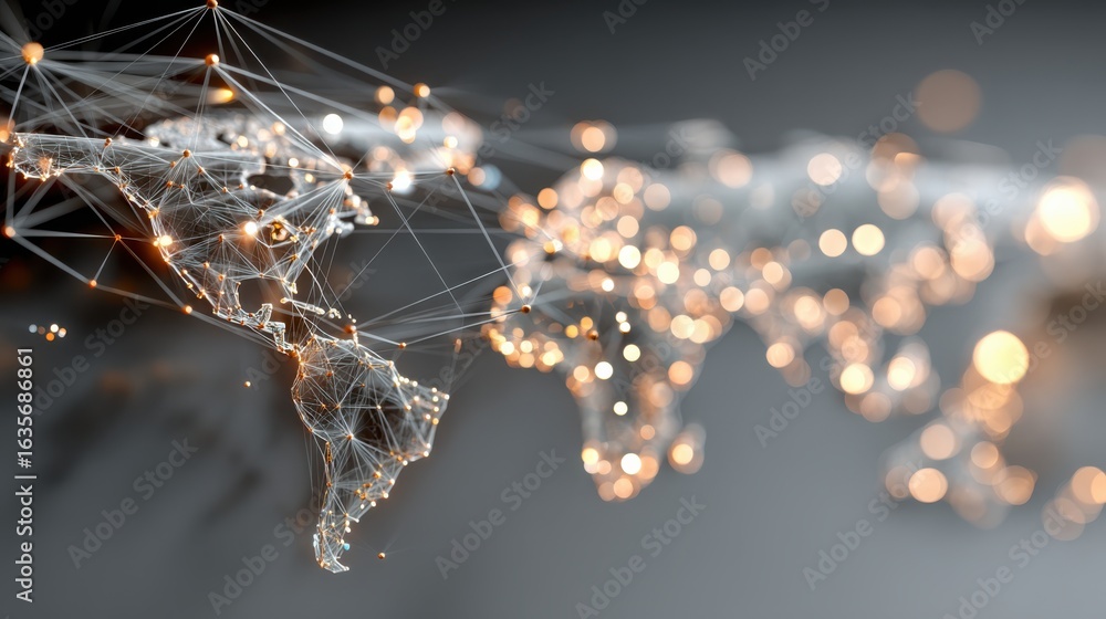 Poster a digital representation of a world map with glowing connections and nodes, illustrating global inte