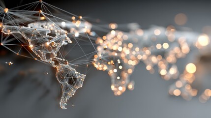 A digital representation of a world map with glowing connections and nodes, illustrating global interconnectedness and technology.