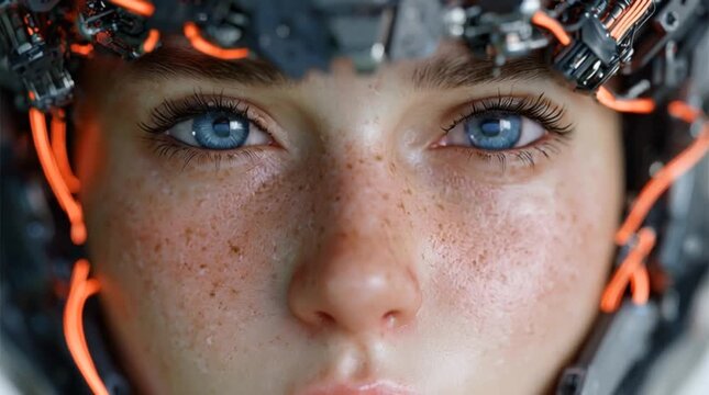 Close up portrait of a futuristic female cyborg with glowing neon blue and orange helmet against sci fi city lights
