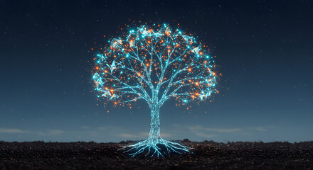 Digital growth: a glowing tree of connected data points illuminating the night sky