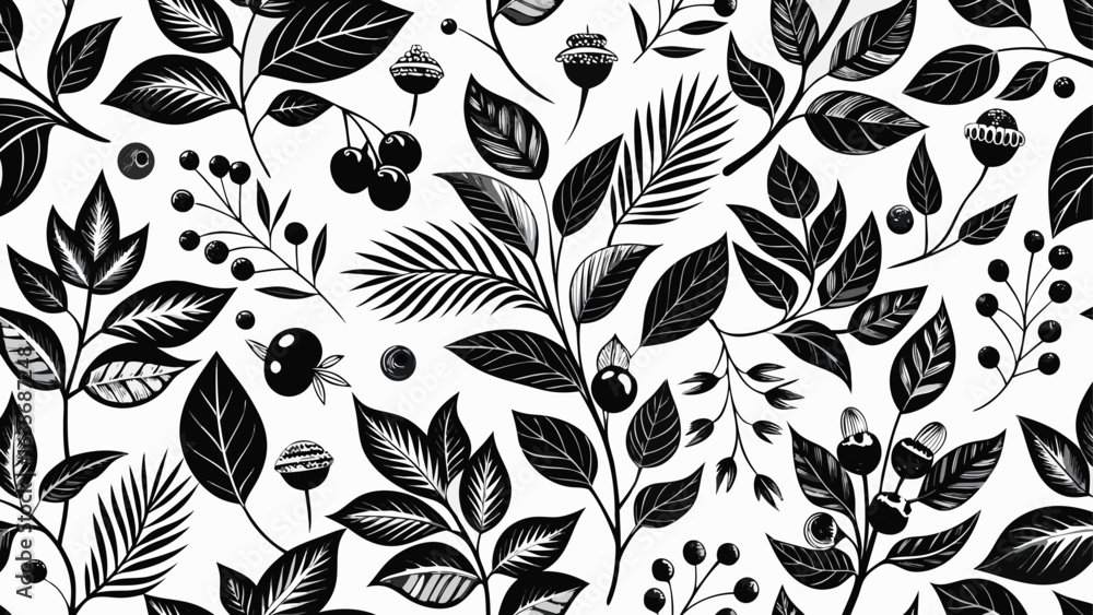 Poster black and white design with a repeating pattern of stylized flowers and leaves..eps