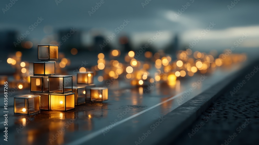 Poster a serene scene featuring glowing lanterns arranged on a wet surface, creating a magical atmosphere a