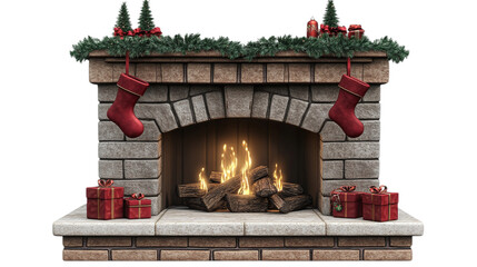 • A cozy fireplace with stockings hanging for Christmas, isolated on white background in HD