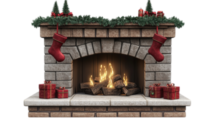 • A cozy fireplace with stockings hanging for Christmas, isolated on white background in HD 