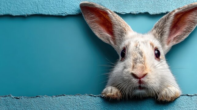 White rabbit looks through blue paper rip against a soft, open backdrop