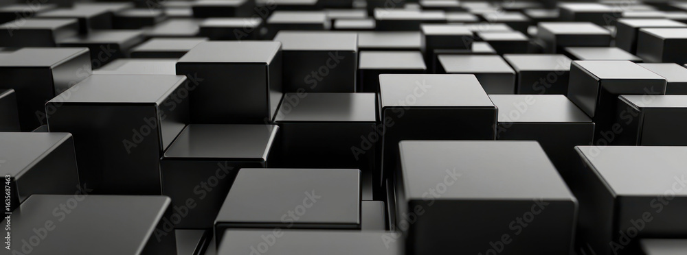 Poster abstract three dimensional arrangement of black cubes creating a textured surface with dramatic ligh