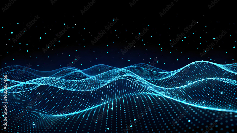Poster abstract digital wave pattern with glowing blue particles and data points