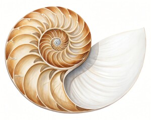 Obraz premium Nautilus Shell Detailed Close up of Spiraled Chambered Shell Brown and White Hues