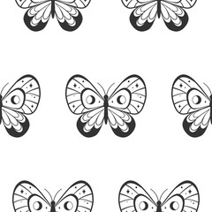 Seamless pattern with decorative butterflies. Print with magical insects. Line art of animals in ornament. Backdrop with boho insects.