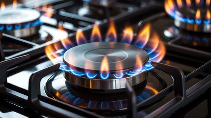 A close-up photograph of a lit gas stove burner with three bright flames - two blue inner flames and one orange outer flame.
