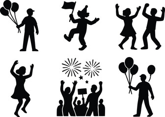 Vector art of silhouettes of people celebrating and enjoying various events isolated on white background vector