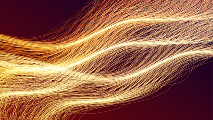 Abstract digital artwork with flowing golden light on deep maroon background. Luminous fiber optics or energetic waves, with glowing and smooth curvature. Energy, and depth technology aesthetics.