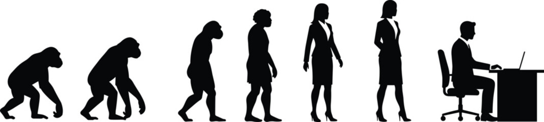 Evolution, work, business, office, human, ape, silhouette, career, timeline, transformation, development, progression