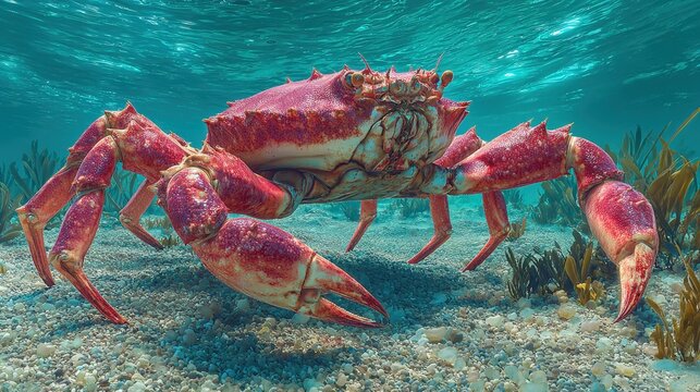 Bronze-red king crab navigates pebbly seabed with kelp in dynamic underwater scene