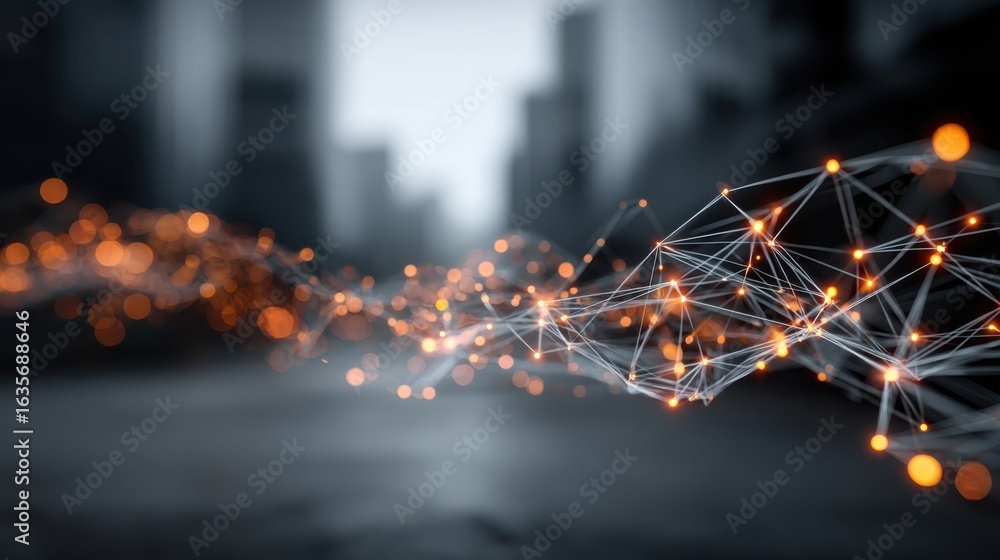 Poster a stylized digital network of glowing lines and nodes, representing connectivity and technology in a