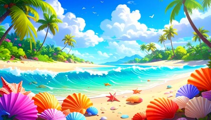Cartoon Beach with Seashells and Waves
