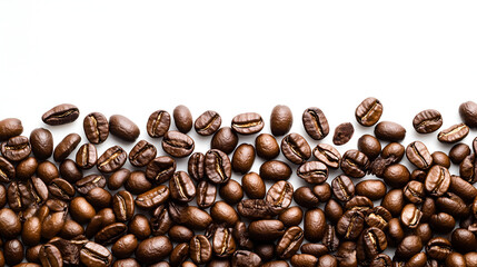 A top-down view of roasted coffee beans scattered along the bottom edge on a white background.