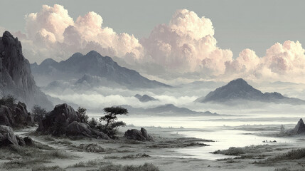 Fototapeta premium Serene monochrome landscape with mountains and clouds reflecting in the water at dawn in artistic style with copy space 