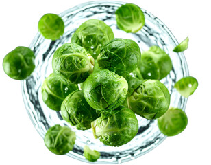 Obraz premium Floating Brussels Sprouts with Splash Ring of Water, Suspended in Mid-Air, Generative Art Style, Transparent Background PNG