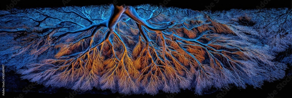 Poster intricate patterns of vibrant roots showcasing natures complexity in a surreal color palette at dusk