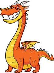 Cartoon Orange Dragon Smiling — Friendly Fantasy Creature with Yellow Belly, White Horns, and Small Wings for Kids’ Illustrations