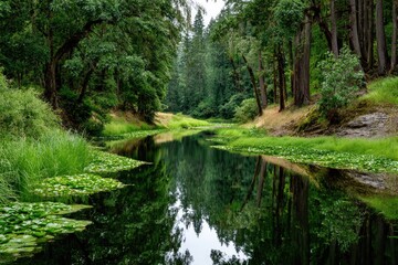 Obraz premium small woodland lake lies among dense forest, its surface glassy and reflective