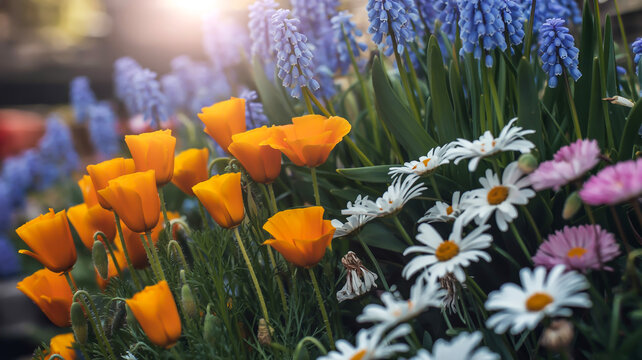 A close-up photograph of California poppies and white daisies in a garden setting. - Powered by Adobe